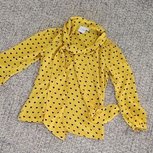 ASOS Petite Yellow Blouse with Black Heart Print And Tie Size 0